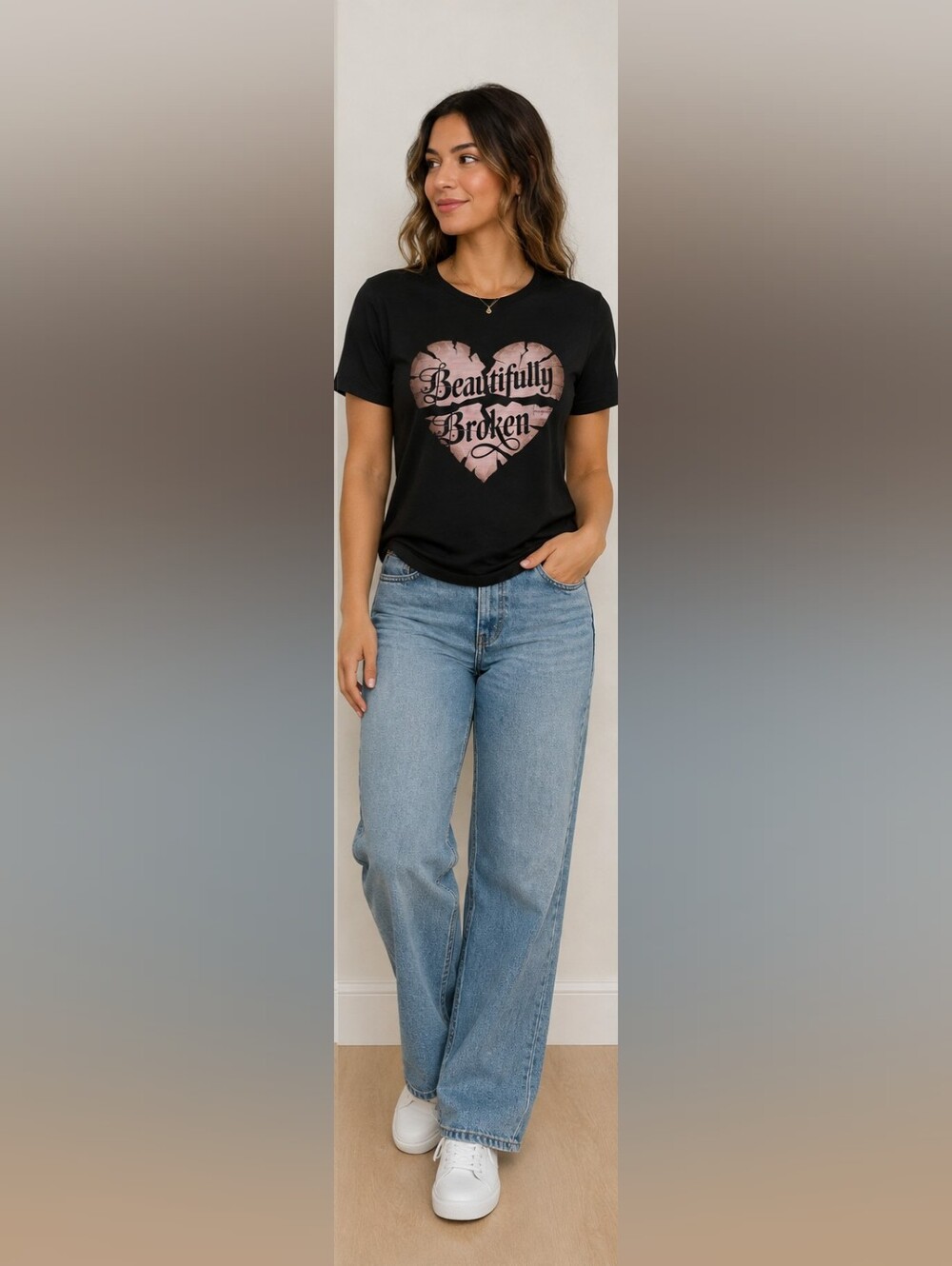 SHEIN Black Tee with Pink Heart 'Beautifully Broken' Graphic